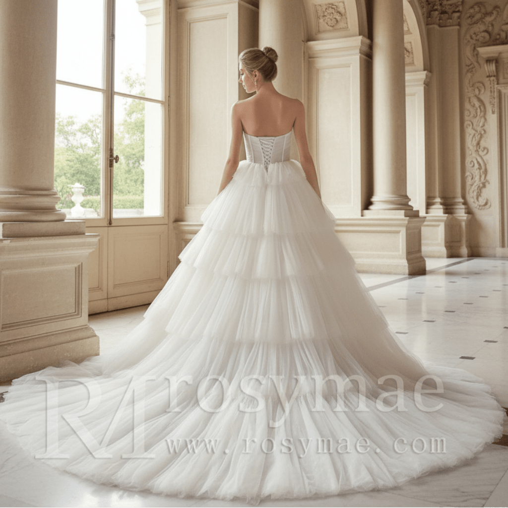 Strapless Sweetheart Ball Gown Layered Tulle Skirt Wedding Dress - Rosymae