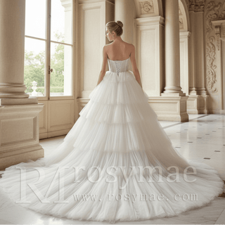 Strapless Sweetheart Ball Gown Layered Tulle Skirt Wedding Dress - Rosymae