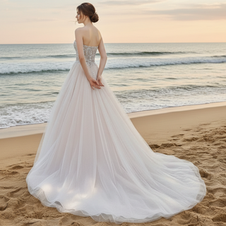 Blush A-line Tulle Wedding Dress with Sweetheart Neckline