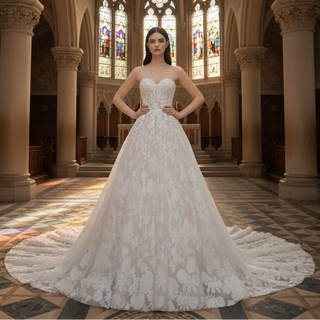 A-line Strapless Lace Wedding Dress and Bridal Gown with Sweetheart
