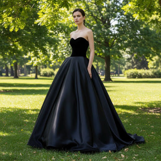 Strapless Sweetheart Neck Black Bridesmaid Gown for Women - Rosymae