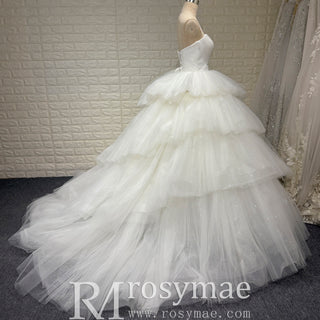 Elegant Pleated Sparkly Tulle Ball Gown Strapless Wedding Dress