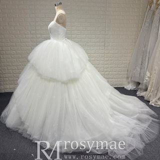 Elegant Pleated Sparkly Tulle Ball Gown Strapless Wedding Dress
