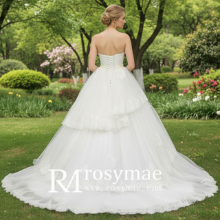 Tulle Strapless Sweetheart Neckline Ball Gown Wedding Dresses with Lace