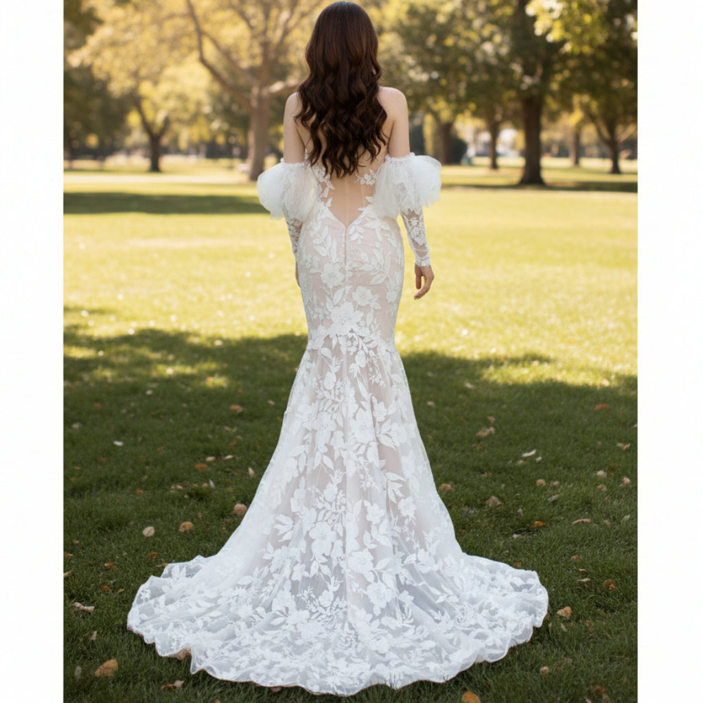 Floral Lace Mermaid Wedding Dress with Sweetheart Neck White / 14 Floral Lace Mermaid Wedding Dress with Sweetheart Neck White / 14