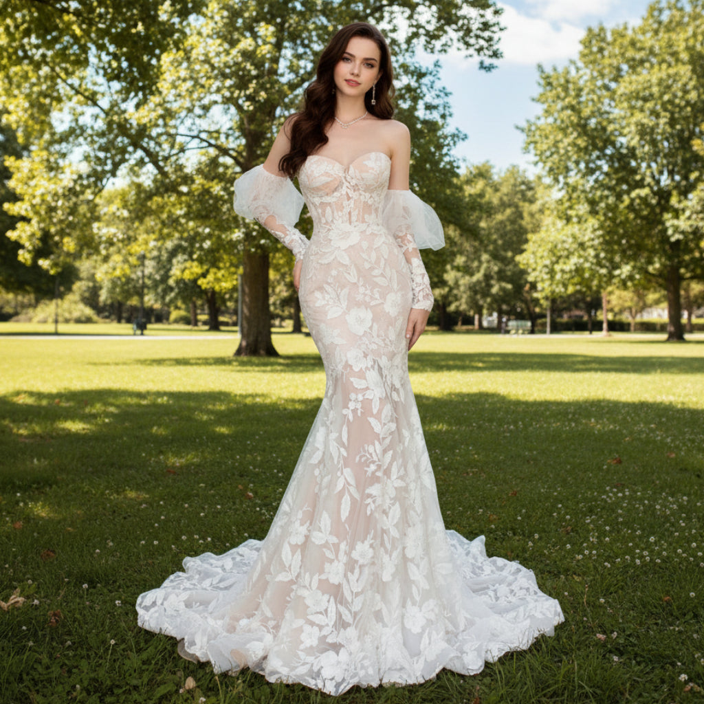 Floral Lace Mermaid Wedding Dress with Sweetheart Neck White / 14 Floral Lace Mermaid Wedding Dress with Sweetheart Neck White / 14