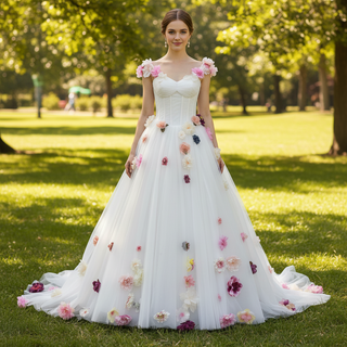 Strapless Tulle A-line Wedding Dress with Handmade 3D Flowers