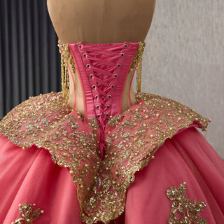 Strapless Sweetheart Quinceañera Dress with Voluminous Skirt and Gold Details - Rosymae
