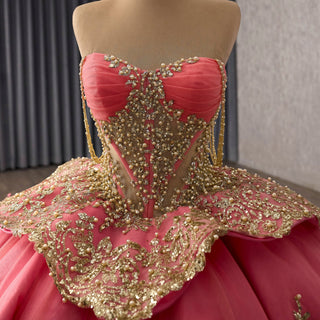 Strapless Sweetheart Quinceañera Dress with Voluminous Skirt and Gold Details - Rosymae