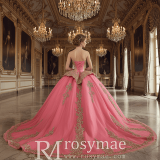 Strapless Sweetheart Quinceañera Dress with Voluminous Skirt and Gold Details - Rosymae