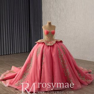 Strapless Sweetheart Quinceañera Dress with Voluminous Skirt and Gold Details - Rosymae