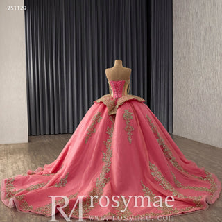 Strapless Sweetheart Quinceañera Dress with Voluminous Skirt and Gold Details - Rosymae