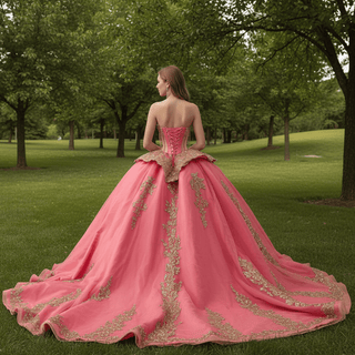Strapless Sweetheart Quinceañera Dress with Voluminous Skirt and Gold Details - Rosymae