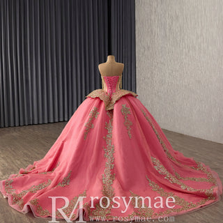 Strapless Sweetheart Quinceañera Dress with Voluminous Skirt and Gold Details - Rosymae