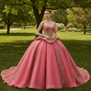 Strapless Sweetheart Quinceañera Dress with Voluminous Skirt and Gold Details - Rosymae