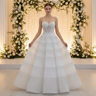 Strapless Sweetheart Rhinestone A-Line Wedding Dress with Horizontal Beaded Stripes