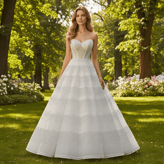 Strapless Sweetheart Rhinestone A-Line Wedding Dress with Horizontal Beaded Stripes - A Line - Rosymae
