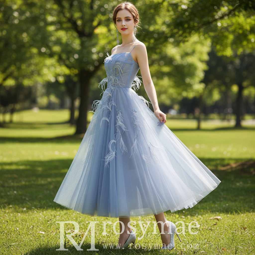 Tea Length A-line Cocktail Dress Party Gown with Spaghetti Strap Sky Blue / 16W Tea Length A-line Cocktail Dress Party Gown with Spaghetti Strap Sky Blue / 16W