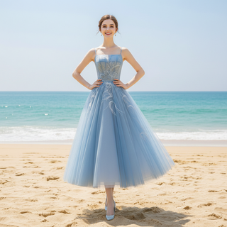 Tea Length A-line Cocktail Dress Party Gown with Spaghetti Strap