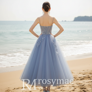 Tea Length A-line Cocktail Dress Party Gown with Spaghetti Strap