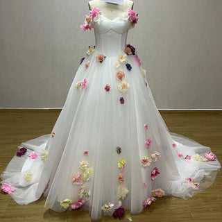 Strapless Tulle A-line Wedding Dress with Handmade 3D Flowers - Rosymae