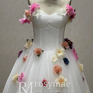 Strapless Tulle A-line Wedding Dress with Handmade 3D Flowers - Rosymae