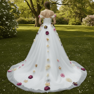 Strapless Tulle A-line Wedding Dress with Handmade 3D Flowers - Rosymae