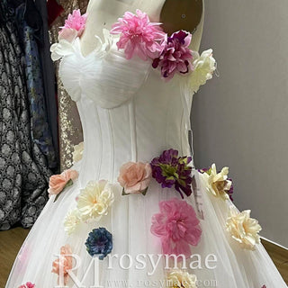Strapless Tulle A-line Wedding Dress with Handmade 3D Flowers - Rosymae