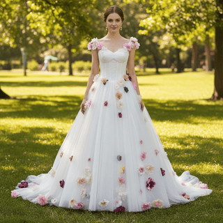 Strapless Tulle A-line Wedding Dress with Handmade 3D Flowers - Rosymae