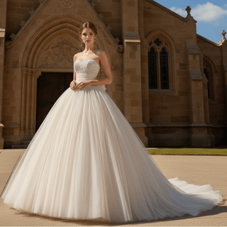 Strapless Tulle Ball Gown Wedding Dress with Pearls - Rosymae
