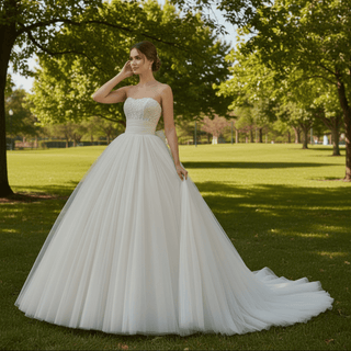 Strapless Tulle Ball Gown Wedding Dress with Pearls - Rosymae