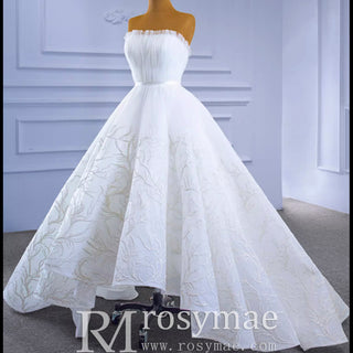 Strapless Tulle High Low Wedding Dress with Lace Appliqued - Rosymae
