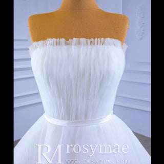 Strapless Tulle High Low Wedding Dress with Lace Appliqued - Rosymae