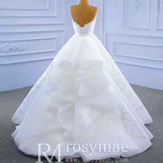 Strapless Tulle High Low Wedding Dress with Lace Appliqued - Rosymae