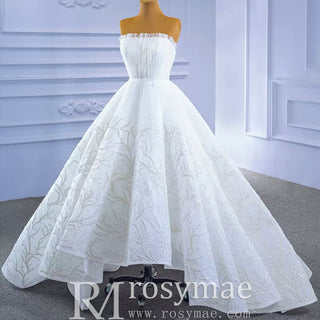 Strapless Tulle High Low Wedding Dress with Lace Appliqued - Rosymae