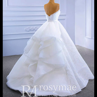 Strapless Tulle High Low Wedding Dress with Lace Appliqued - Rosymae