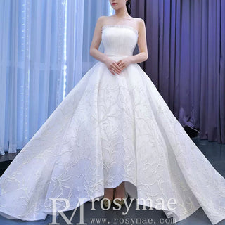 Strapless Tulle High Low Wedding Dress with Lace Appliqued - Rosymae
