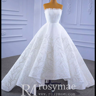 Strapless Tulle High Low Wedding Dress with Lace Appliqued - Rosymae