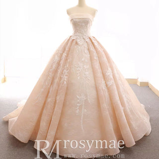 Strapless Tulle Lace Ball Gown Wedding Dress with Straight Neckline - Rosymae