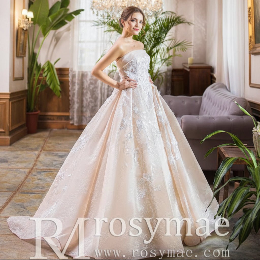 Strapless Tulle Lace Ball Gown Wedding Dress with Straight Neckline - Rosymae