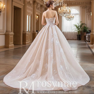 Strapless Tulle Lace Ball Gown Wedding Dress with Straight Neckline - Rosymae