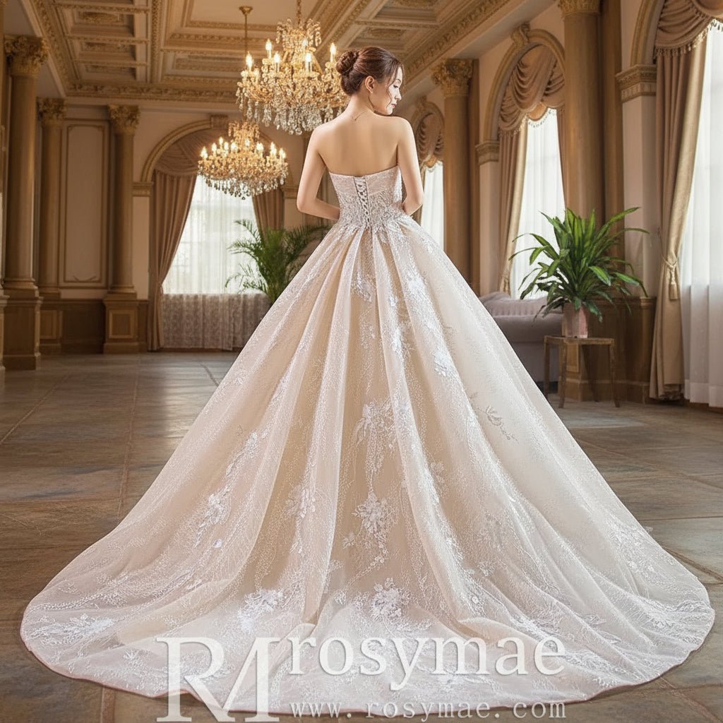 Strapless Tulle Lace Ball Gown Wedding Dress with Straight Neckline - Rosymae