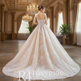 Strapless Tulle Lace Ball Gown Wedding Dress with Straight Neckline - Rosymae