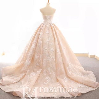 Strapless Tulle Lace Ball Gown Wedding Dress with Straight Neckline - Rosymae