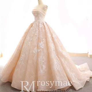 Strapless Tulle Lace Ball Gown Wedding Dress with Straight Neckline - Rosymae