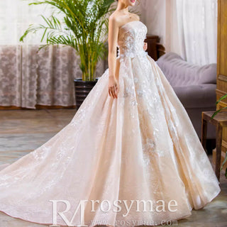 Strapless Tulle Lace Ball Gown Wedding Dress with Straight Neckline - Rosymae