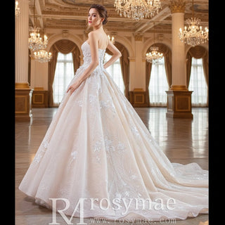 Strapless Tulle Lace Ball Gown Wedding Dress with Straight Neckline - Rosymae