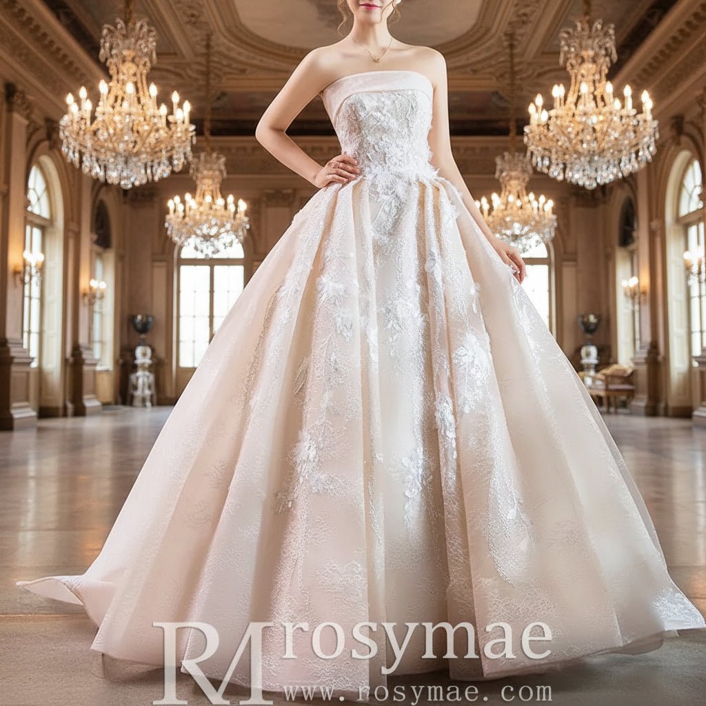 Strapless Tulle Lace Ball Gown Wedding Dress with Straight Neckline - Rosymae