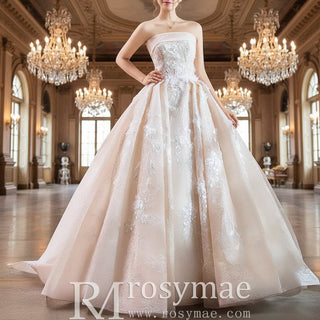 Strapless Tulle Lace Ball Gown Wedding Dress with Straight Neckline - Rosymae