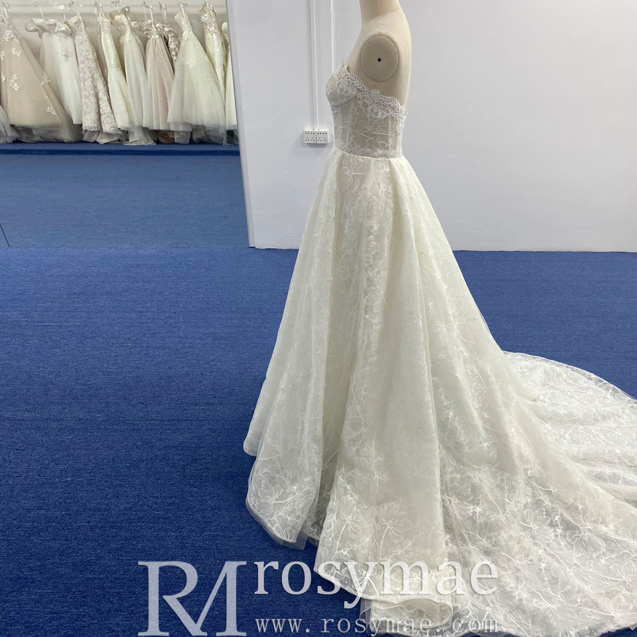 Strapless Tulle Lace Overlay A-line Wedding Dress with Sheer Bodice - Rosymae